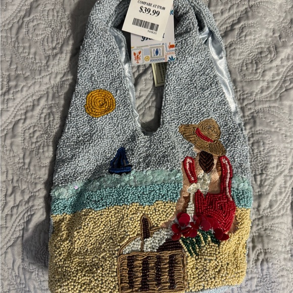 Handbags - Beaded Beach Tote Bag with Sun and Seated Woman Motif
